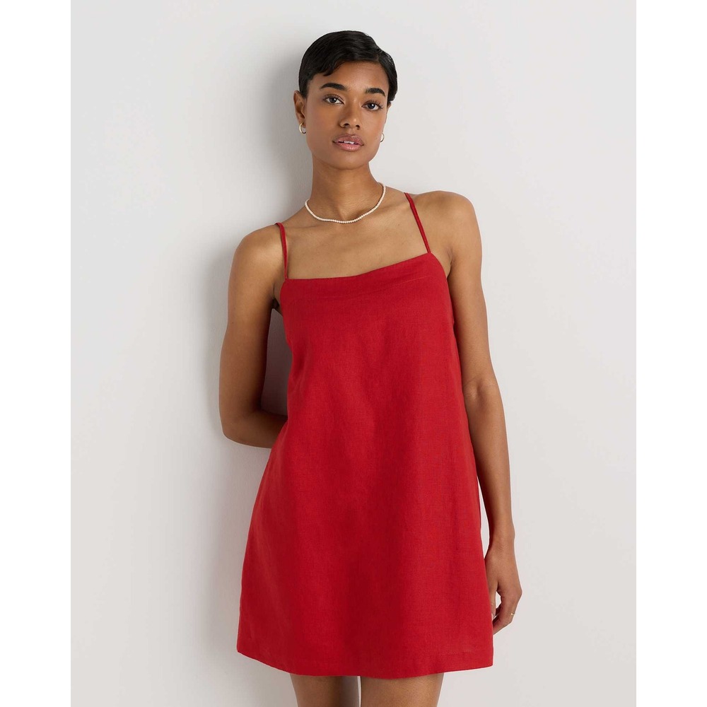 Quince 100% European Linen Mini Dress skort Red Square Neck Adjustable Straps XS